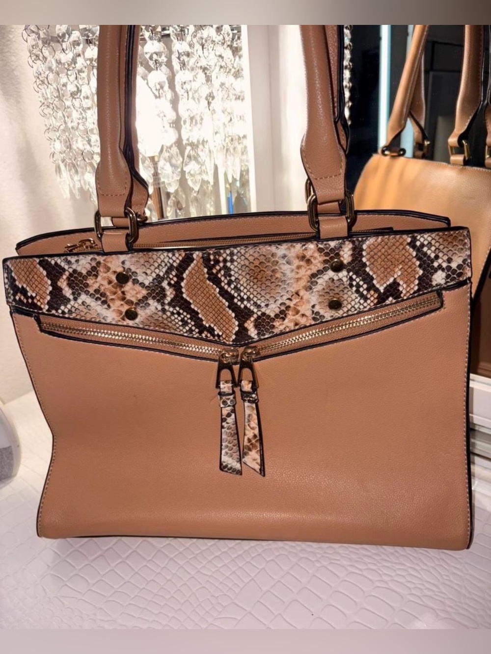 Tan Snake-Accent Tote Bag